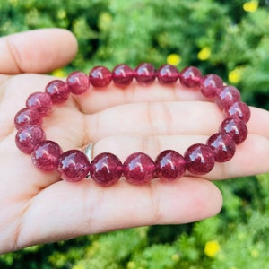 Strawberry Quartz Bracelet (1) One Pink Strawberry Quartz  Crystal Bracelet, Round Bead Gemstone Bracelet, Pink Strawberry Quartz