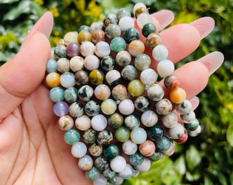 Mini oceaanjaspis-armband: ronde edelsteenkralen, 5-7,5" pols