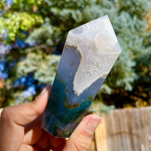 Moss Agate Tower (#04) Moss Agate Crystal , Small Moss Agate Point, White Green Jasper Agate Crystal Tower Point Natural Gemstone