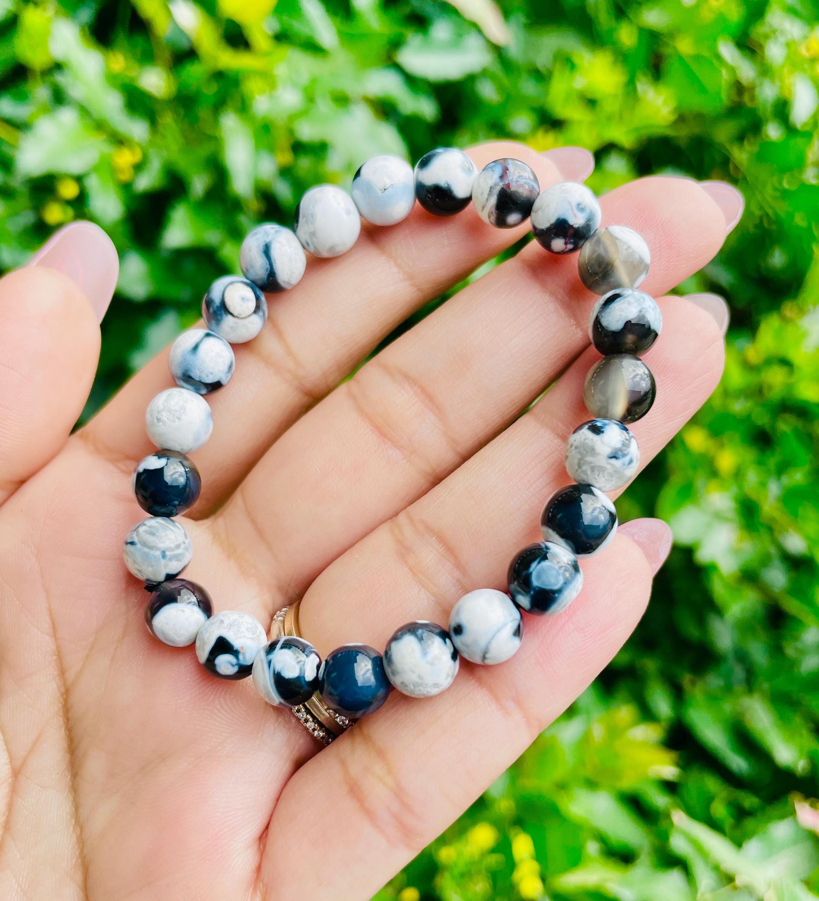 Orca Agate Bracelet: Round Bead Gemstone Jewelry (6-7.5