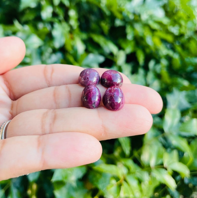 May include: Four cabochon ruby gemstones in a hand. The gemstones are a deep red color with a slight purple hue. They are smooth and polished.