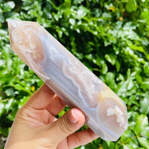 Flower Agate Crystal Tower: Purple, Blue, Gray Gemstone (380g)