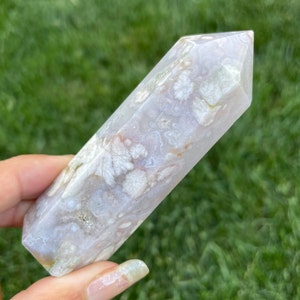 Flower Agate Point (#25) Purple Blue Flower Agate Crystal Tower, Flower Agate Stone, Clear White Blue GRAY Gemstone, Tumbled Crystal