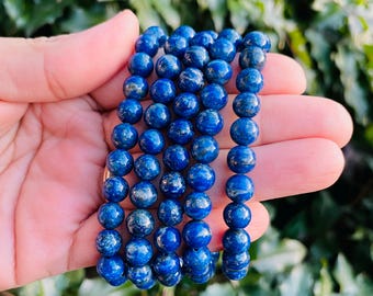 Dark Blue Lapis Lazuli Bracelet: Round Bead Gemstone Jewelry