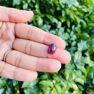 May include: A close-up of a deep red oval-shaped gemstone held in a hand. The gemstone has a slightly rough texture and is a rich, dark red color.
