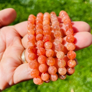 Sunstone Bracelet (1) One Sunstone Arusha Crystal Bracelet, XS Round Bead Gemstone Bracelet, Flashy Sunstone Glitter Orange Crystal