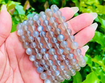 Gray Moonstone Crystal Bracelet: Round Gemstone Jewelry (5-7 inch)