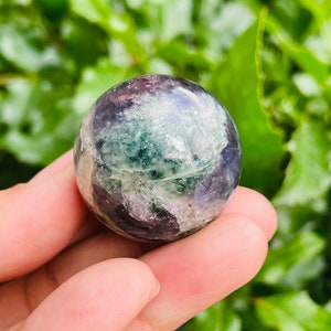 May include: A polished fluorite sphere, showcasing a blend of purple, green, and clear crystalline structures. The gemstone ball is held in a hand, with a blurred green foliage background. The sphere's surface reflects light, highlighting its natural patterns.
