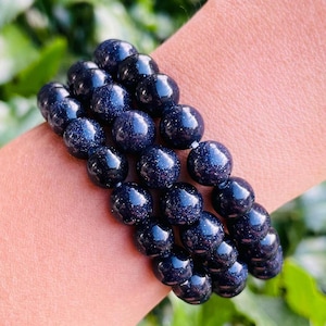 Blue Sandstone Crystal Bracelet (1) 8MM Sandstone Bracelet Pretty Crystal Round Gemstone Midnight Blue Sandstone Bracelet