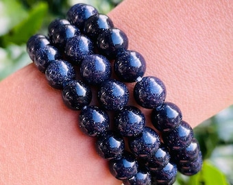 Midnight Blue Sandstone Bracelet: 8MM Round Gemstone Crystal