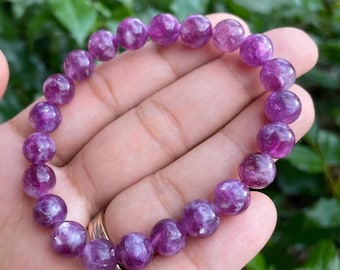 Pulsera de cristal de lepidolita púrpura: joya de piedras preciosas llamativas, cuentas de 8,6 mm