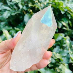 Angel AURA Quartz Point (413G) Clear Quartz Crystal Point Rainbow Crystal Gemstone Point Half Polished Half Raw Crystal