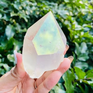 Angel AURA Quartz Point (273G) Clear Quartz Crystal Point Rainbow Crystal Gemstone Point Half Polished Half Raw Crystal