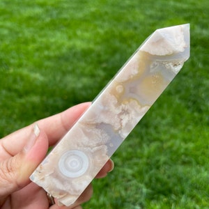 Flower Agate Crystal Point: Purple, Blue, Gray Gemstone Obelisk (155.98G)