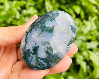 Pierre de palmier agate mousse polie (91,1 g) : pierre précieuse en cristal naturel