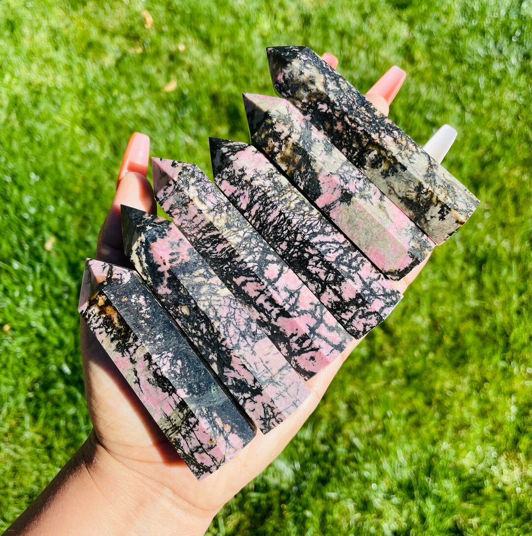 Polished Rhodonite Crystal Tower: Pink, Black & Gray Stone (7-12CM) - Etsy