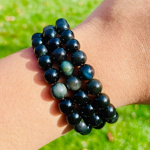 Rainbow Obsidian Bracelet: Black Gemstone Round Bead Bracelet