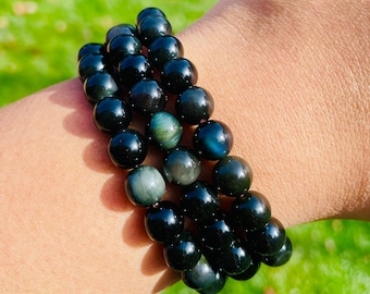 Rainbow Obsidian Bracelet: Black Gemstone Round Bead Bracelet