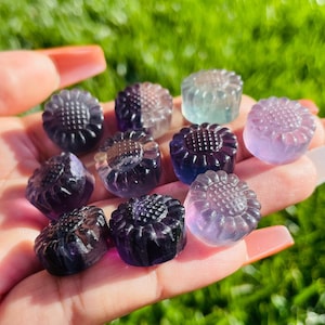 Fluorite Crystal (1) Fluorite Sun Flower Carved Tumbled Stone Mini XXS Polished Flower Rainbow Fluorite Crystal Natural Gemstone