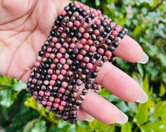 Mini Rhodonite Crystal Bracelet: Pink & Black Gemstone Beaded Jewelry
