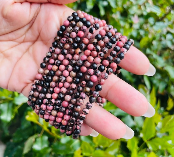 Mini Rhodonite Crystal Bracelet: Pink & Black Gemstone Beaded Jewelry