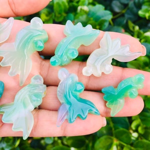 Agate Goldfish Crystal (1) GREEN Agate Stone ONE Crystal -Gemstone Carved Koi Fish Green Clear White