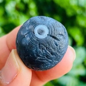 May include: A black agate bead with a white center hole. The bead has a textured surface and a natural, organic look.