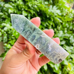 Moss Agate Tower (128.7G) Moss Agate Crystal, Moss Agate Point, White Green Jasper Agate Crystal Tower Point Natural Gemstone