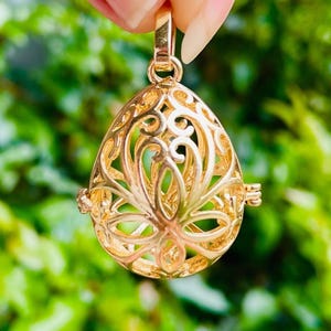 Large Gold Filigree Cage Pendant: Wire Wrapped Golden Egg Clasp Gemstone Necklace Supply Jewelry