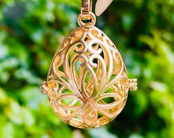 Large Gold Filigree Cage Pendant: Wire Wrapped Golden Egg Clasp Gemstone Necklace Supply Jewelry