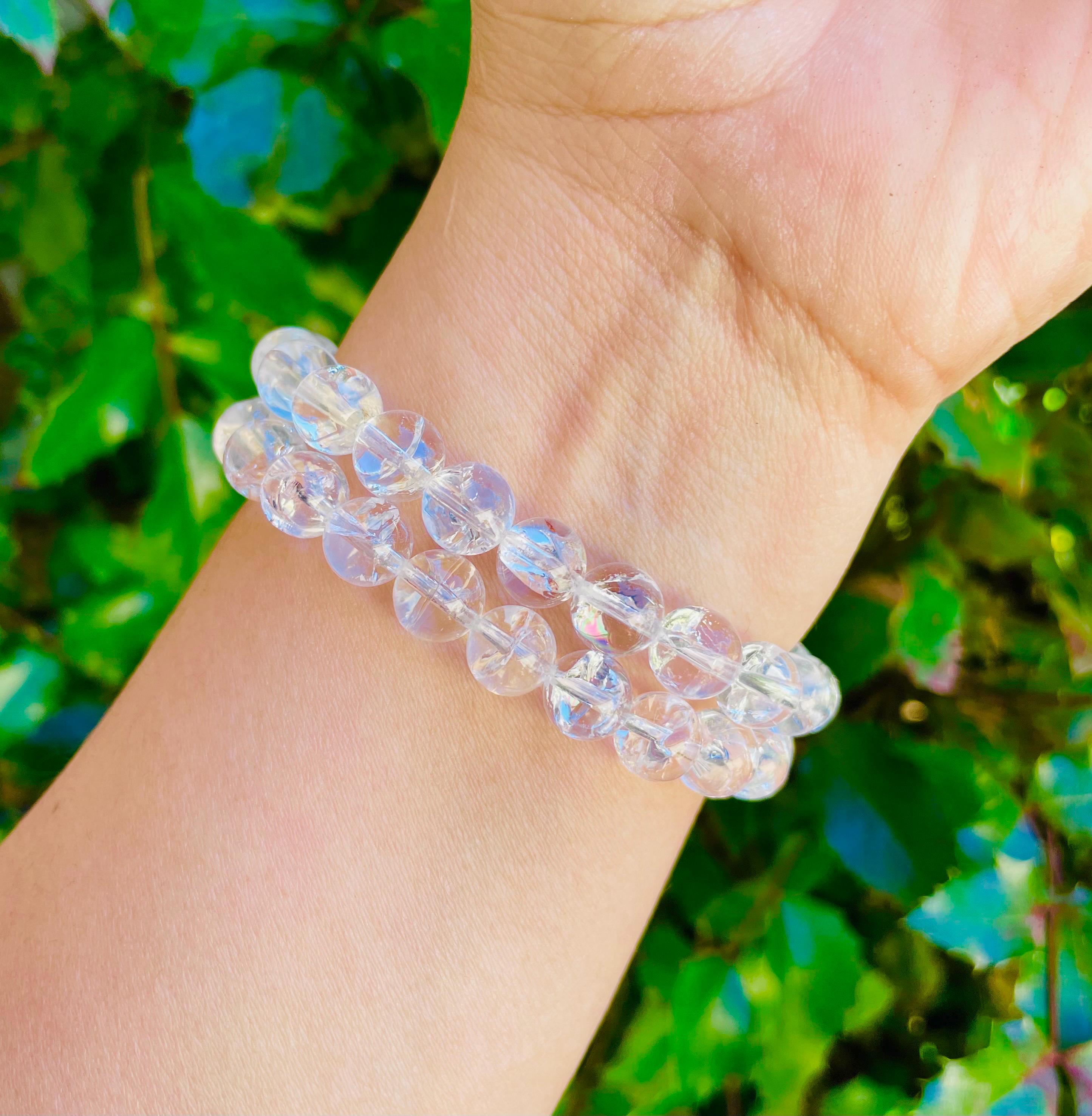 Clear Quartz Crystal Bracelet With Silver Flower Rainbow