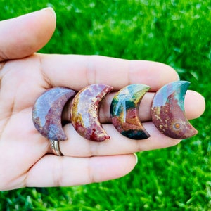 May include: Four crescent moon shaped polished stones with red, green, and brown patterns.