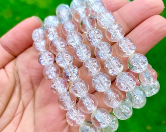 Clear Quartz Bracelet (1) One Natural Crackled Quartz Crystal Bracelet, High Quality Quartz Crystal Round Bead Gemstone Bracelet