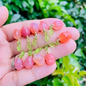 Yanyuan Agate Rose Flower Charm: Pink Crystal Gemstone with Leaf