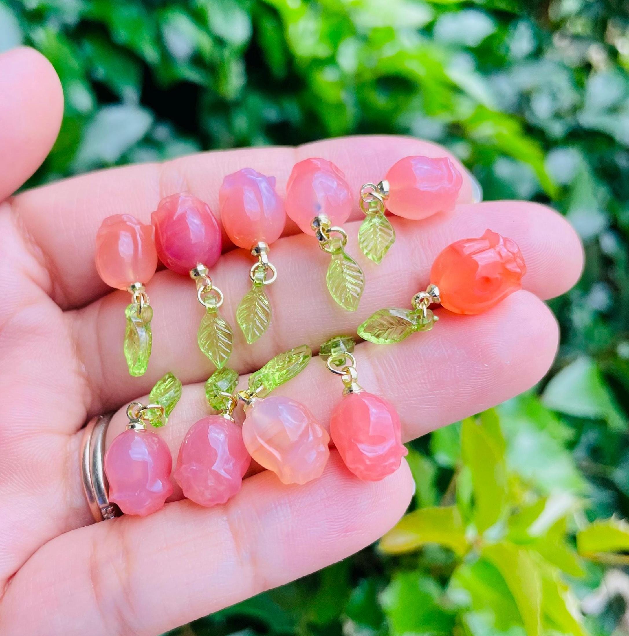 Pink Red Orange Agate Rose Flower Charm: Pink Crystal Gemstone