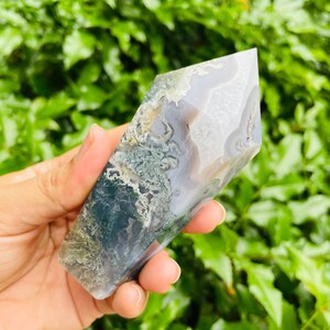 Moss Agate Tower (256.6) Moss Agate Crystal , Small Moss Agate Point, White Green Jasper Agate Crystal Tower Point Natural Gemstone