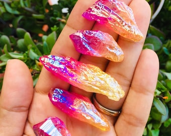 Aura Quartz Point Rough (1) Pink Yellow Flame - Angel Aura Quartz Crystal - Rainbow Aura Quartz Stone (Small)Aura Crystal Wand