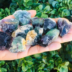 Pu&ograve; includere: Una collezione di cristalli di fluorite in varie tonalit&agrave; di verde, viola e nero. I cristalli sono grezzi e hanno un aspetto naturale non levigato.
