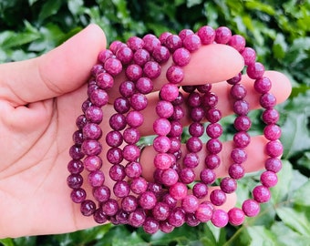 Natural Ruby Bracelet: Polished Round Ruby Beads, Crystal Jewelry 7MM