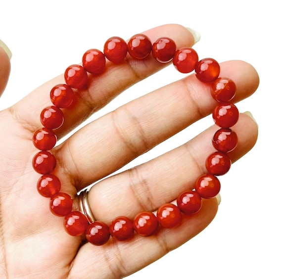 Bracciale In Pietra Naturale Agata Rossa - Perle 8mm, Elastico, Lunghezza Regolabile 16-19cm, Unique Gems