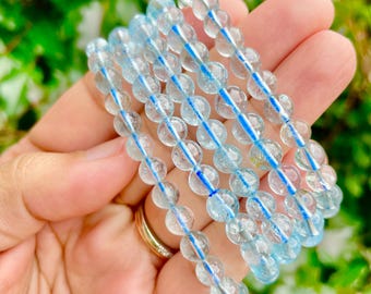 Clear Blue Topaz Crystal Bracelet: Round Gemstone Bead Bracelet