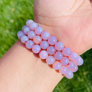 Pink Chalcedony Bracelet (1) One Light Pink Purple Chalcedony Crystal Bracelet, Round Bead Gemstone Bracelet