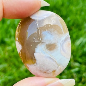 Green Flower Agate Palm Stone, Pastel Cherry Blossom Agate Polished, Unique Flower Agate Crystal  (31.77 Grams)