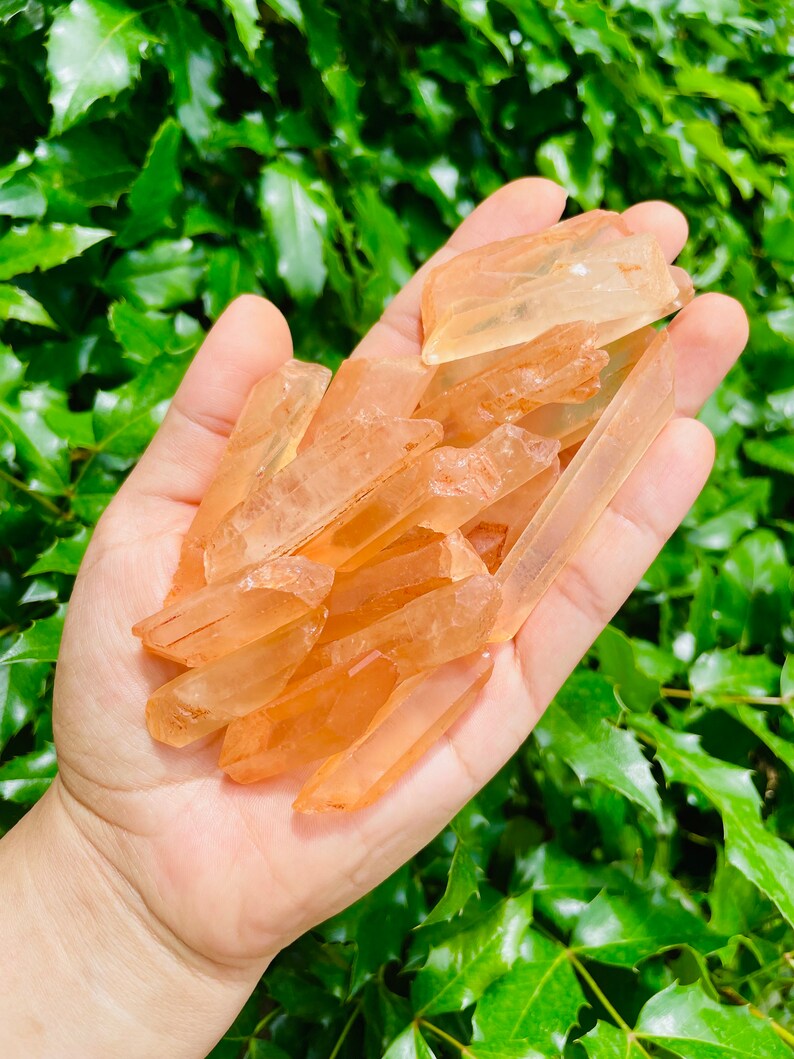 May include: A collection of orange and clear quartz crystal points. The points are sharp and have a natural, raw look.