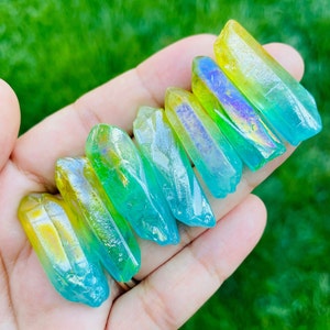 Blue Yellow Green Aura Quartz Point (1) Rainbow Aura Quartz Crystal Neon Jewelry Craft Gemstone Wand Crystal Point