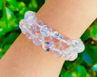 Clear Quartz Crystal Bracelet With Silver Flower Rainbow