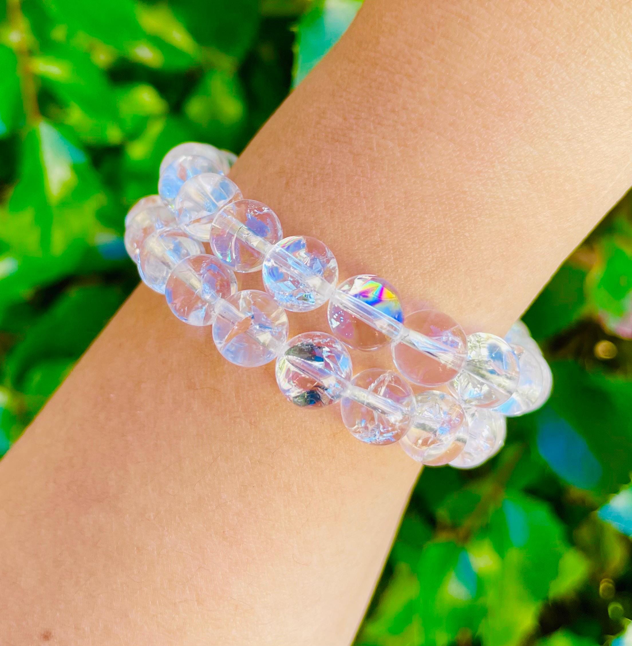 Clear Quartz Crystal Bracelet With Silver Flower Rainbow