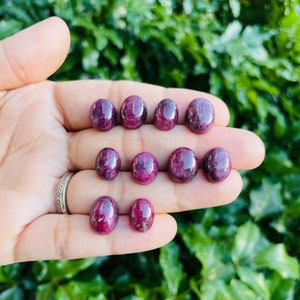 May include: A collection of ten oval-shaped, polished ruby gemstones in various shades of red and purple. The gemstones are arranged in a hand, with the largest gemstone in the center.