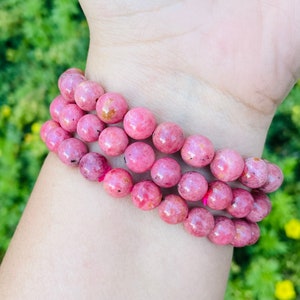 Pink Rhodonite Bracelet (1) One Pink Rhodonite  Crystal Bracelet, Round Bead Gemstone Bracelet, Pink Rhodonite
