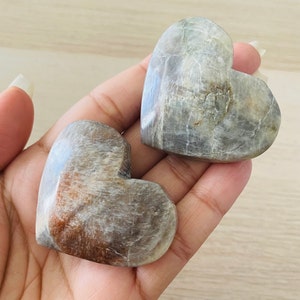 Sunstone Moonstone Crystal HEARTS (109G) 2 Moonstone Sunstone Crystal Heart PAIR, Cream Flashy